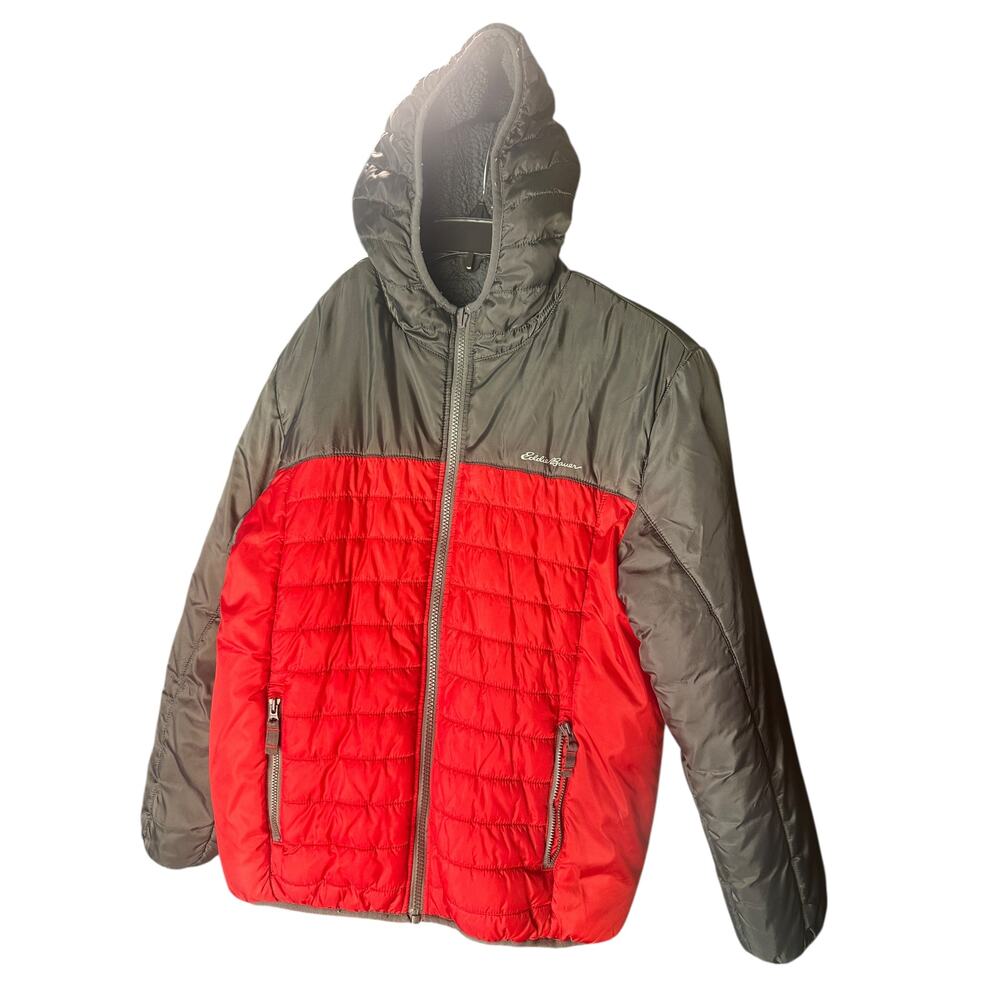 Eddie Bauer Youth Puffer Jacket Red Gray Hooded Coat Kids L 14/16 Winter